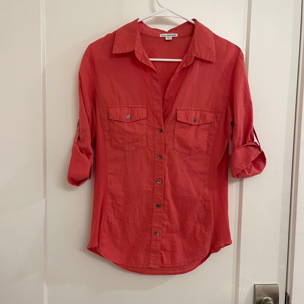 James Perse Standard Peach Button Up Blouse Chic Coastal Luxury Cupra 3